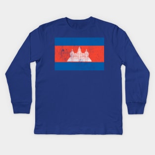 Cambodian Flag / Faded-Vintage Style Kids Long Sleeve T-Shirt